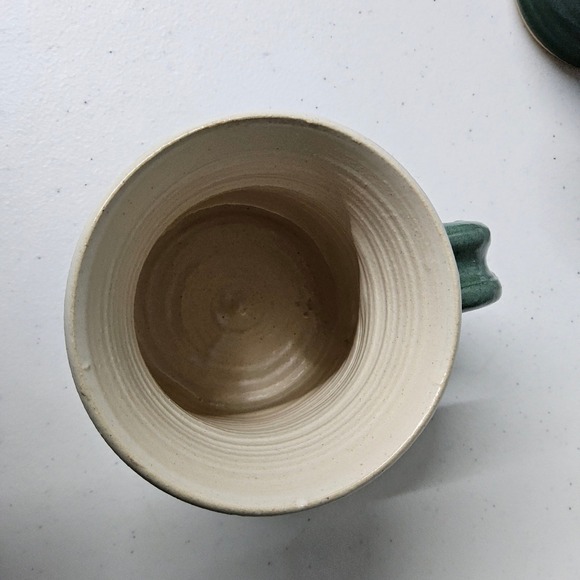 Handmade‎ Pottery Mugs Set of 2 Green Beige Ceramic Coffee Tea Cup Artist Sig - Picture 6 of 9